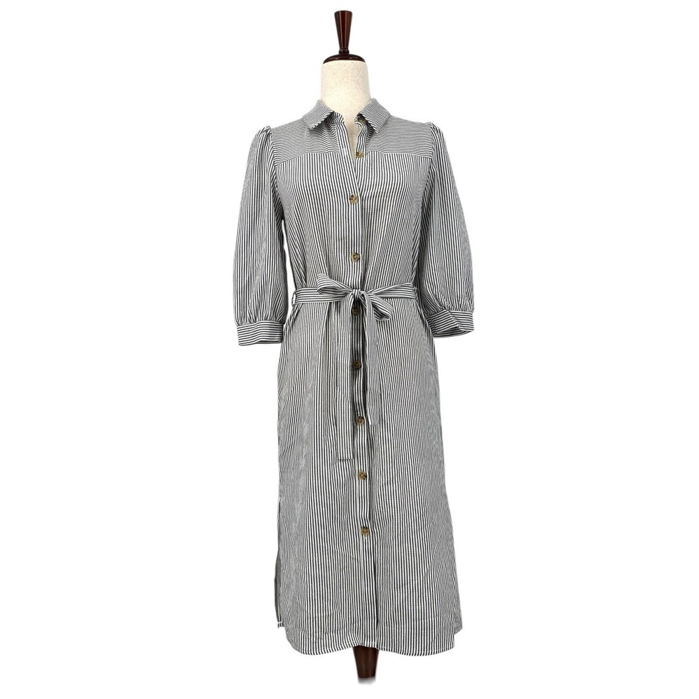 MONTEAU Belted Shirt Dress Gray Striped Poplin Button Front Midi Size Small